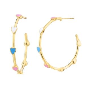 14K Yellow Gold Over Brass Enamel Heart Station Hoop Earrings